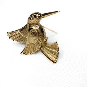 Vintage Gold Toned Hummingbird w Red Rhinestone Eye & Lined Brocade Purple Pouch